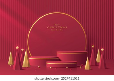 3D red podium set with Christmas tree in red and golden background. Abstract geometric composition in minimalist design. Studio display showroom product pedestal, Fashion stage showcase mockup scene.