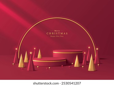 3D red podium set with Christmas tree in red and golden background. Abstract geometric composition in minimalist design. Studio display showroom product pedestal, Fashion stage showcase mockup scene.