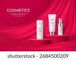 3d red podium stage with white cosmetic bottles and tube. Vector realistic skin care product display podium with modern minimal platforms. Round red pedestal, stage or scene, fabric drapery background