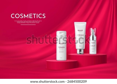 3d red podium stage with white cosmetic bottles and tube. Vector realistic skin care product display podium with modern minimal platforms. Round red pedestal, stage or scene, fabric drapery background