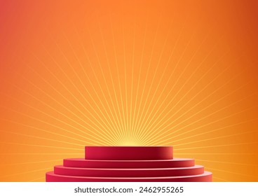 3D red podium stands out against a radial line bright yellow wall, perfect for award winning product displays, mockups, and showroom. Vector illustration