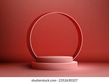 3D-roter Podiumständer mit kreisförmigem Hintergrund ist eine minimalistische Vektorgrafik, die perfekt für die Produktdarstellung oder Marketingmaterialien geeignet ist. Vektorgrafik