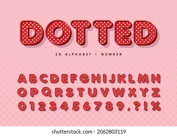 3D red polka dot alphabet letters and number. Round dotted font or typeface for headline, title, poster, graphic layout, book cover, web design, etc. Modern vintage typography design.