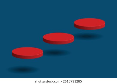 3d red product display background, three cylinder podium floating up on blue background, empty stage mockup for presentation your platform, cosmetic, sale banner, vector illustration