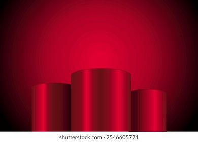 Exibição de produto vermelho 3d, pódio de pedestal cilindro como mostrar no palco, forma geométrica redonda para o estúdio vazio mockup, projeto de ilustração vetorial para apresentação na plataforma