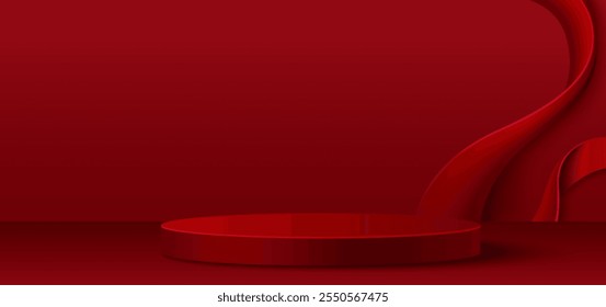 Pódio do produto vermelho 3d em cena de fundo de estúdio abstrata. Estágio de prêmio de luxo no chão para apresentação chinesa mínima. Mostrador de renderização com plataforma de forma de cilindro e design de cortina bg