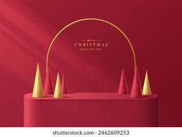 3D red product podium background with christmas tree gold conical shape. Abstract composition in minimal design. Studio showroom product pedestal, Fashion showcase mockup scene. Vector showcase design