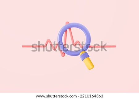 3d red pulse line with magnifier monitor. heart rate or cardiogram for healthy lifestyle, pulse beat measure, cardiac assistance, medical healthcare. 3d heart rate vector icon render illustration