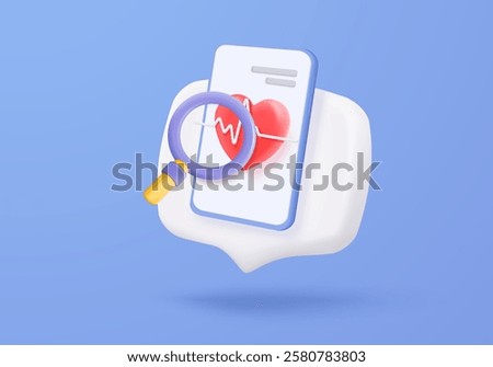 3d red pulse line with magnifier monitor. heart rate or cardiogram for healthy lifestyle, pulse beat measure, cardiac assistance, medical healthcare. 3d heart rate vector icon render illustration