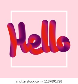 3D red and purple text Hello on light pink background. Vector illustration of lettering with white frame.