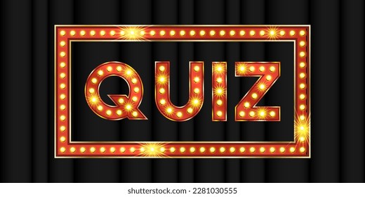 3d red quiz game text for contest show. Golden title typeface for trivia banner template. Marquee light effect typo creative element. Retro alphabet for night knowledge competition in vegas showtime.