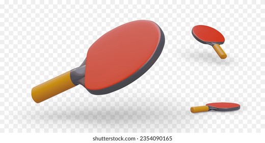 3D red racket for table tennis. Paddle for ping pong. Set of vector illustrations. Colored sports icons. Object in different positions. Game on coordination of movements