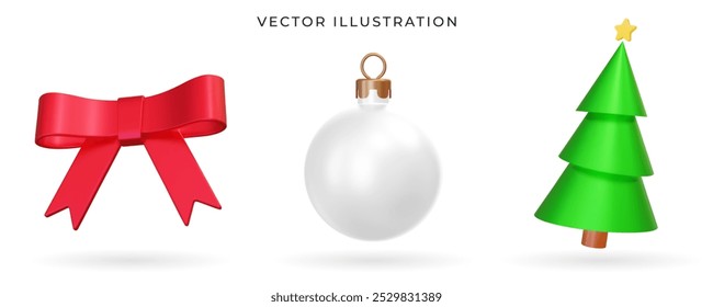 Arco realista rojo 3d, bola de Navidad, árbol de pino perenne. Ilustración vectorial. Colección navideña realista. Decoración de Navidad para la celebración del año Nuevo.