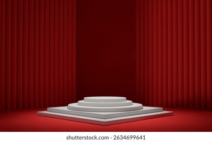 3d red room background with white podium and column. Product display with platform. Abstract geometric dark scene.