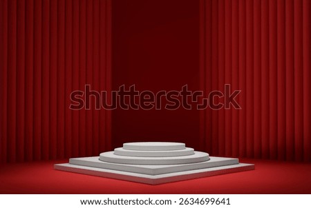 3d red room background with white podium and column. Product display with platform. Abstract geometric dark scene.