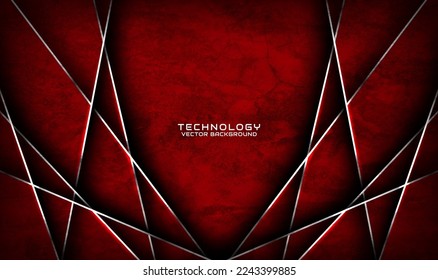 3D red rough grunge techno abstract background overlap layer on dark space with silver lines decoration. Modern graphic design element cutout style concept for banner, flyer, card, or brochure cover