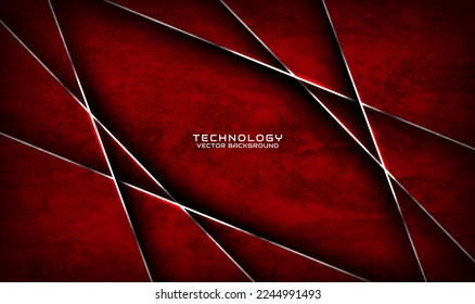 3D red rough grunge techno abstract background overlap layer on dark space with silver lines decoration. Modern graphic design element cutout style concept for banner, flyer, card, or brochure cover