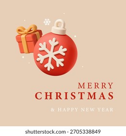 3D Red Round Christmas Tree Decoration with Snowflake, Gift. Banner for Christmas and New Year Greeting Concepts. Vector Illustration.