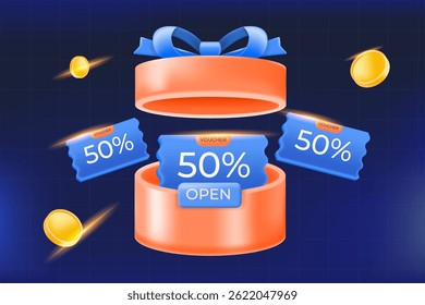 3D vermelho redonda caixa de presente fita azul com 50% desconto voucher e moeda, promoção, oferta especial, evento de venda e e-commerce campanha de desconto.