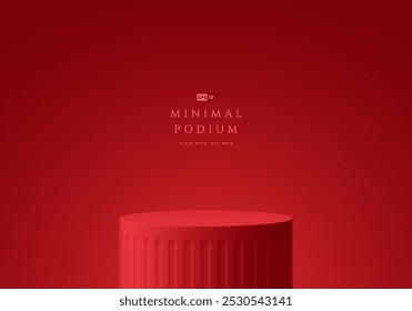 3D red round product podium in empty room. Abstract geometric composition in minimalist design. 3D Studio display showroom cosmetic stand product pedestal, Fashion stage showcase mockup wall scene.