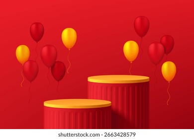 Fondo de podio de producto redondo rojo 3D con globos rojos y amarillos flotantes. Composición Abstractas en diseño minimalista. 3D Studio showroom stands pedestal, escena de maqueta de escaparate de moda