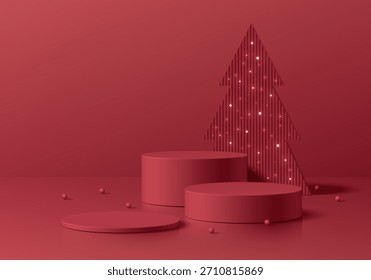 3D rote runde Produkt Podium Set Hintergrund mit Neon Glühbirne auf Weihnachtsbaum. Abstrakte Komposition in minimalistischem Design. Studio-Ausstellungsraum steht Standfuß. Mode Bühne präsentiert Mockup.