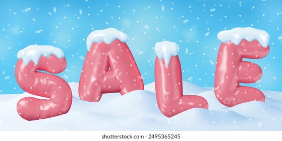 3D Red Sale Word in Balloons on Winter Landscape. Render Sale Plastic Text. Balloon Letter Promotion. Shop, Store Banner for Advertising. Special Offer, Price, Black Friday. Vector Illustration