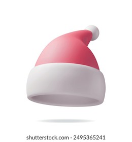 3D Red Santa Claus Hat Isolated on White. Render Hat with Fur and Pompon. Happy New Year Decoration. Merry Christmas Clothes Holiday. New Year and Xmas Celebration. Realistic Vector Illustration