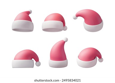 3D Red Santa Claus Hat Set Isolated. Render Collection of Hat with Fur and Pompon. Happy New Year Decoration. Merry Christmas Clothes Holiday. New Year and Xmas Celebration. Vector Illustration