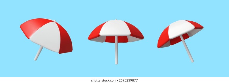 3d red set beach umbrella. Travel vector illustration. Three-dimensional sun parasol for summer holiday season. Relax vacation. Sunshade protection on the sand on the sea, ocean. Tropical collection