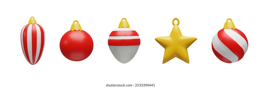 3d red set render Christmas ball shapes. Realistic three-dimensional vector illustration. Winter holiday colors decoration in cartoon luxury style. Collection for Happy New year and Merry Christmas.