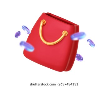 3D red shopping bag with golden handles and flying coins. Concept of sale, purchase, and e-commerce. Vector illustration.