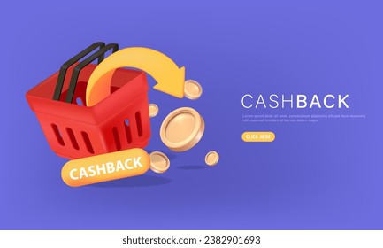 3D the red shopping basket and Arrow in coin with online cash back or money refund. web banner on purple background for advertisement design.