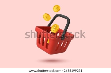 3d red shopping basket or shopping cart icon with flying golden coins, isolated on white background. Shopping basket cash back icon in 3d vector