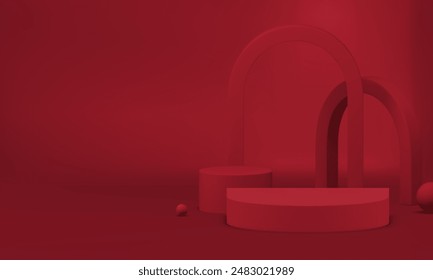 3d red showcase podium with arch wall background for show realistic vector illustration. Fashion rendering minimalist aesthetic display semi circle pedestal geometric shapes advertising space interior