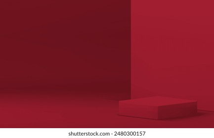 3d red showroom squared podium for product presentation realistic vector illustration. Trendy rendering commercial advertising space pedestal with wall background mock up for promo show