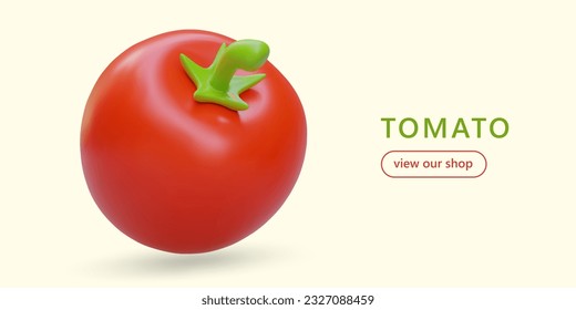 Tomate único rojo 3D con piel suave. Hortalizas completas y jugosas. Banner vectorial con ilustración y botón de enlace. Ver nuestra tienda. Plantilla para diseño web