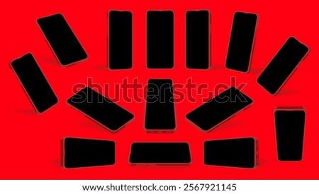 3D Red Smartphone Mockup Collection: Red Mobile Devices in Front, Side, Top, and Perspective Views with Blank Screens - Vector