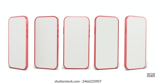 3D red smartphone mockup with white screen. Red mobile phone isolated on white background. 3d vector illustration.