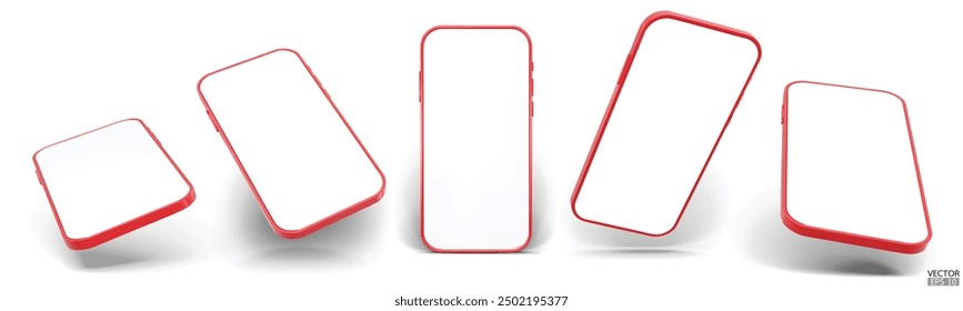 3D red smartphone mockup with white screen. Red mobile phone isolated on white background. 3d vector illustration.