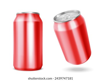 3d lata de refresco rojo. Cerveza aislada o botella de lata de cola. Caja de contenedores de bebidas metálicas para jugo. Conjunto de maqueta de tarro de bebidas realista de aluminio sobre fondo blanco. Embalaje vacío del bote de limonada de acero