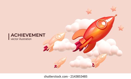 3d Red Space Rocket or Spaceship overtakes and has an advantage over other rockets. Rocket 3d icon. Realistic creative conceptual symbols. Logo ship. Achievement concept.