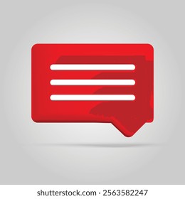 3D Red Speech Bubble Icon with Text Lines, Talking and Speaking Symbol for Websites, Banners, Social Media Graphics, UI Design, and Modern Communication Vector Illustration with Shiny Grey Background