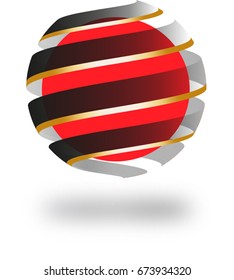 3D red sphere wrapped in faded ribbons,logo illustration with drop shadow,vector