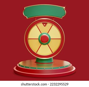 3D Red spinner wheel with green signboard with golden outline isolated on red background. The wheel divided into six equal slice