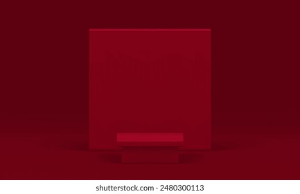 3d red squared podium pedestal mock up for product presentation realistic vector illustration. Trendy minimalist aesthetic commercial display geometric wall background fashion showcase promo stage