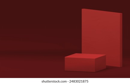 3d red squared podium pedestal for fashion product presentation realistic vector illustration. Trendy minimalist geometric display rendering showcase with wall background for commercial advertising