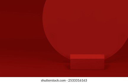 Pedestal de pódio quadrado vermelho 3d com fundo de parede de forma redonda para mostrar ilustração vetorial realista. Trendy minimalista plataforma círculo de palco estético forma fundo mockup para apresentação do produto