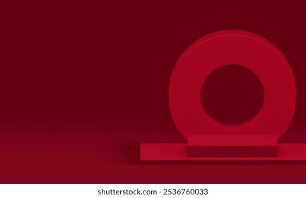 3d red squared rectangle podium with circle ring wall background for show realistic vector illustration. Advertising pedestal showcase abstract geometric shapes for product commercial presentation