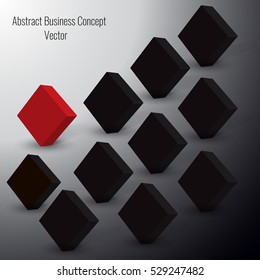 3d Red Squares Vector standing out from crowd of plenty identical black fellows. Leadership, business success concept.